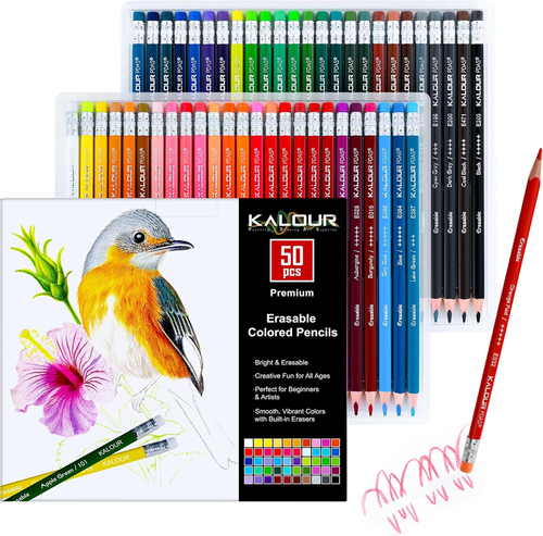 50 Colors Erasable Colored Pencils Set - Easy to Erase, Vibrant and Smooth Color