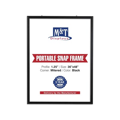 Portable Snap Poster Frame 1.25'' Aluminum Front Loading Wall Mount 36x48 Black