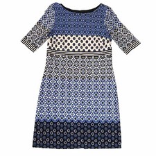 Eliza J. Women White Blue Black Shift Dress Size 10 Stretch Short Sleeve Party