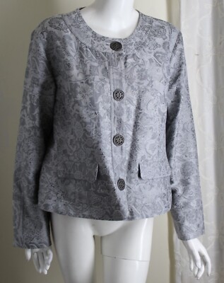Stunning Chico's Sz 2 L GRAY Silk Floral Jacquard Round Neck Jacket Blazer