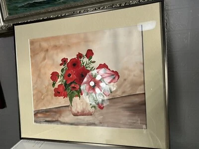 Ölbild, Mohnblume, Wandbild, Gemalt,, Kunst, Aquarell mit Glas Rahmen 61x51cm - Bild 1 von 4