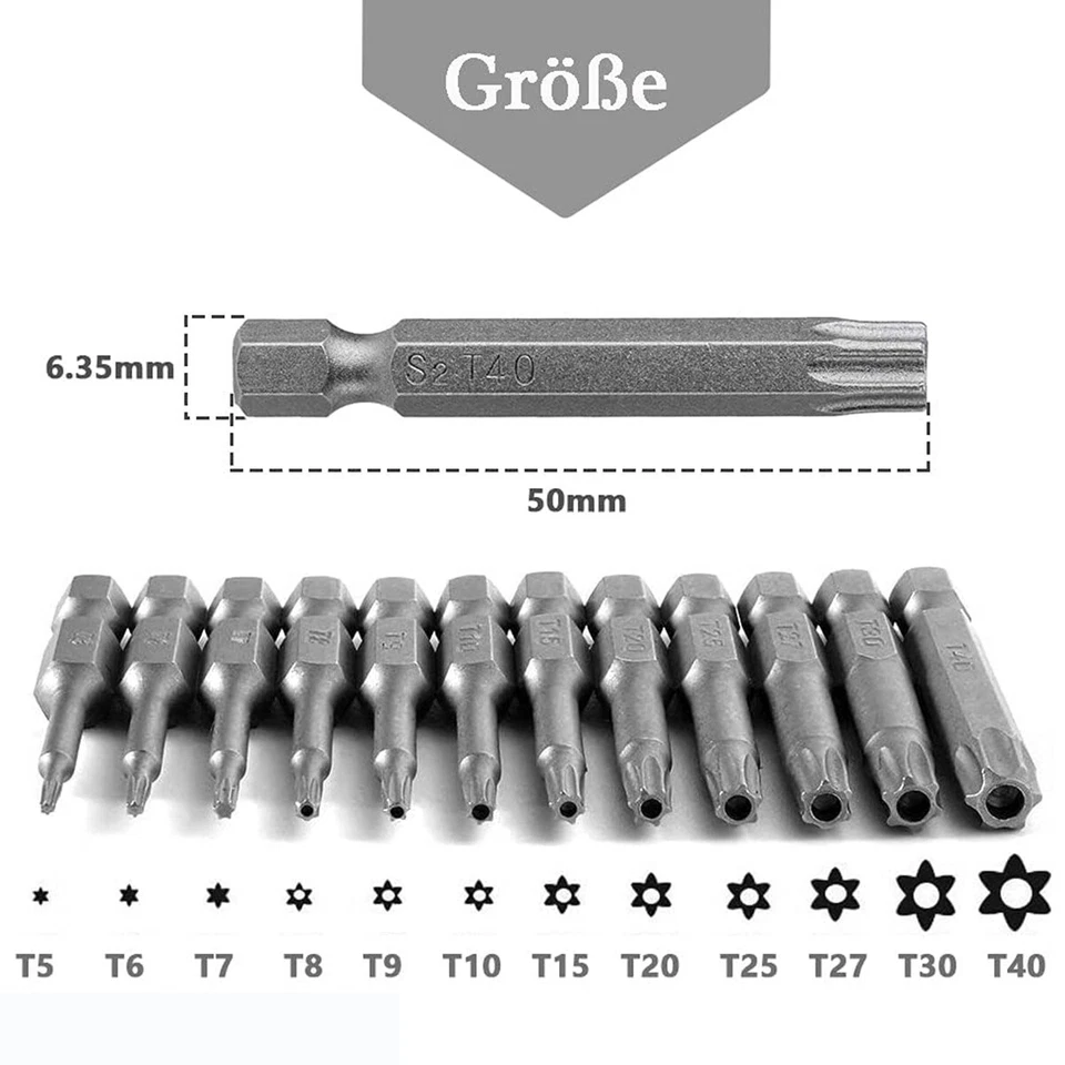 Torx Bit Set T5 T6 T7 T8 T9 T10 T15 T20 T25 T27 T30 T40 Magnetisch 50mm mit loch - Bild 2 von 4
