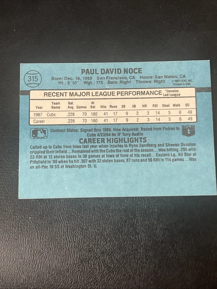 1988 Donruss - Paul Noce #315 - Image 4 of 4