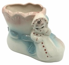 Vintage Baby Bootie Planter White Pink Blue Bow Ceramic Shoe Nursery Decor MCM