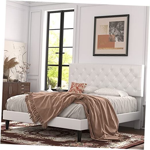 Queen Bed Frame with Adjustable Diamond Stitched Button Tufted Headboard/Faux