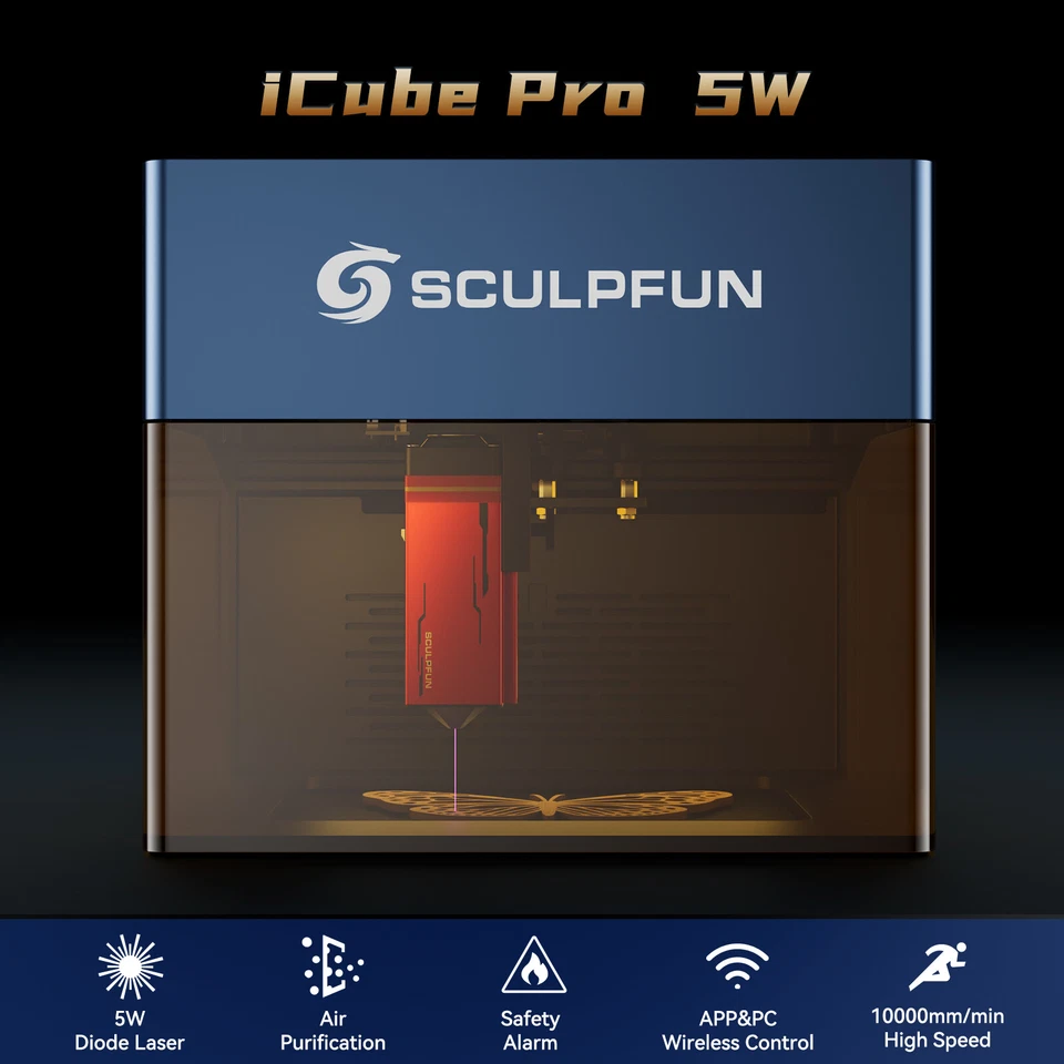 Sculpfun iCube Pro 5W Ultrafeine Laser Graviermaschine High Speed + Rauchfilter