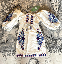 FARM RIO White Blue Red Embroidered Tassel Beaded Mini Dress Puff Sleeve - Small