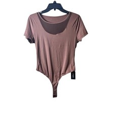 NWT Brown Short Sleeve Mesh Panel Bodysuit Thong Leotard Shapewear Large L New
