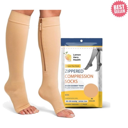 Zipper Compression Socks 20-30mmHg Open Toe - 3XL, Beige for Comfort & Support