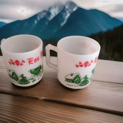 Vintage Hazel Atlas Milk Glass Egg Nog Cup Currier Ives Set Of 2