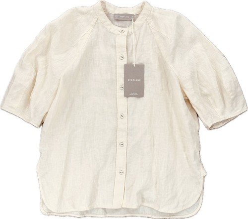 Everlane Linen Button Up Puff Sleeve Collarless Top, XS Relaxed in Ecru Cream
