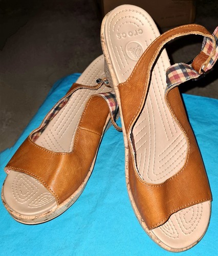Crocs A Leigh Cork Wedge Sling Back Peep-Toe Brown Leather Sandals, Women's - Picture 3 of 19