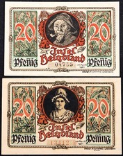 HELGOLAND 1921  Fisherman, Girl  2x20 Pfennig German Notgeld Heligoland