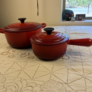Le Creuset Red Cast Iron Enameled Set Of 1 Dutch #20 & 1 Sauce Pan #16 With Lids