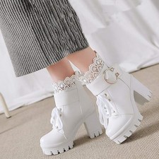 EUR38 Damen High Heels Stiefeletten Blockabsatz Ankle Boots mit Plateau Stiefel