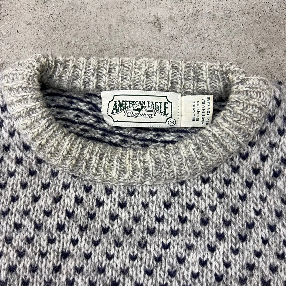 Suéter de Lana American Eagle Hecho en EE. UU. Gris Marino Ojo de Pájaro Tejido de Pescador M Foto 4 de 4