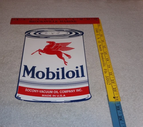 VINTAGE MOBIL MOBILOIL QUART OIL CAN +PEGASUS 11" PORCELAIN METAL GASOLINE SIGN!