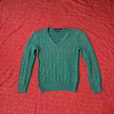 Ralph Lauren Sport Green Cable Knit V-Neck Cotton Sweater Large Pink Pony Logo