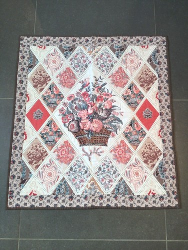 Primitive Dutch PA wall Hanging Quilt Pink Peach Coffee Cream Floral Motif 32”H - Picture 1 of 7
