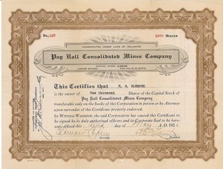 Pay Roll Consolidated Mines Company 1920 old stock certificate share