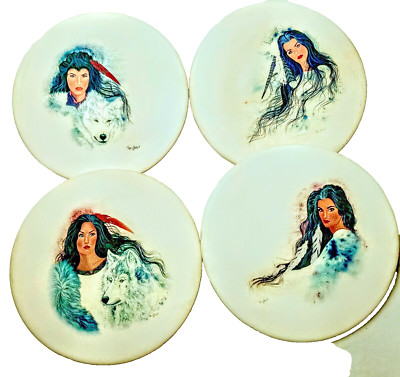 Vintage Native American Wolf Sandstone Coasters set of 4 Hand Painted Signed