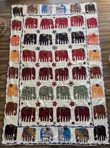Handmade Indian Elephant Walk Appliqué Tapestry Wall Hanging Bedspread 83x54in