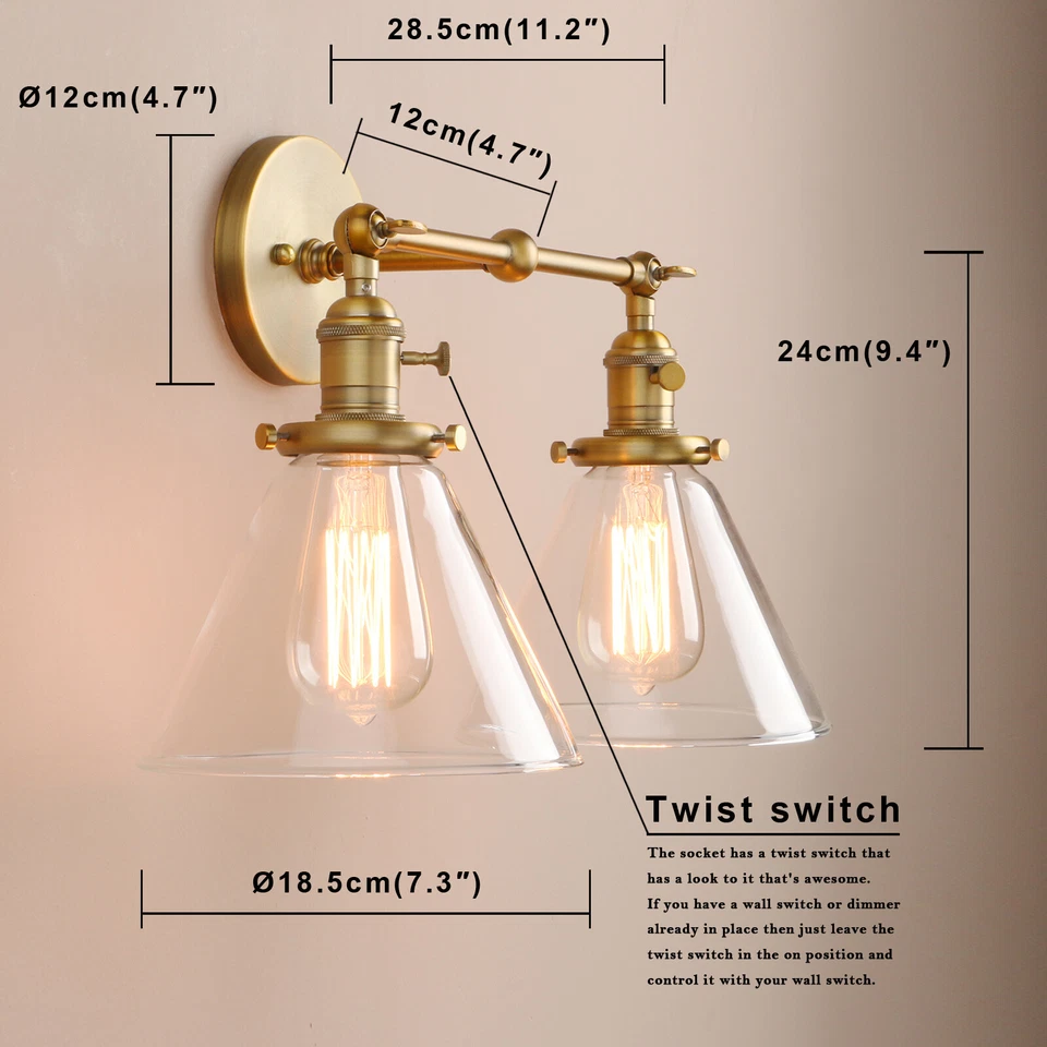 Permo 7.3" Cone Glass Lamp Vintage Industrial Double Arm Wall Sconce Light - Image 2 of 4