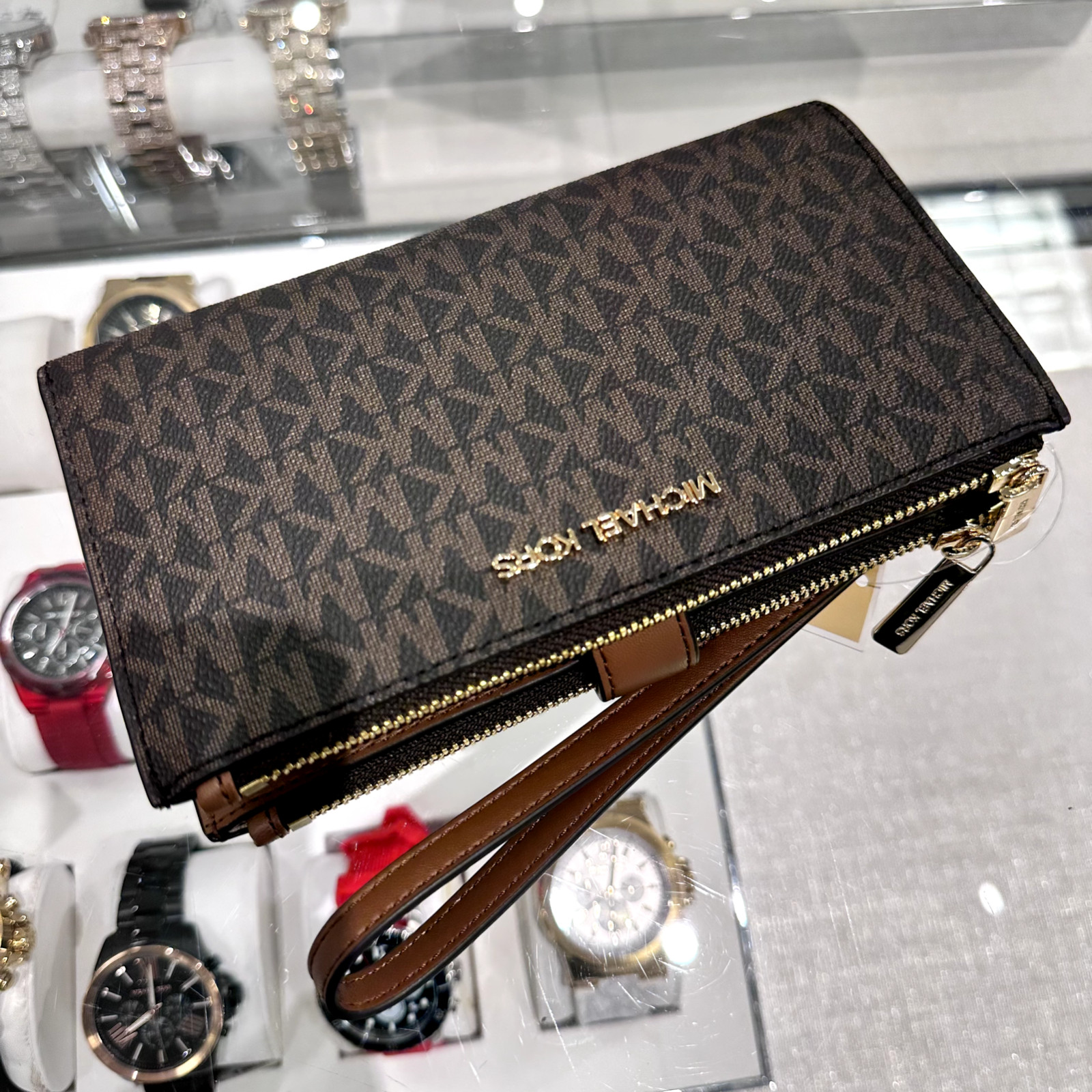 Michael Kors Jet Set Travel Double Zip Wristlet Wallet Luggage Brown