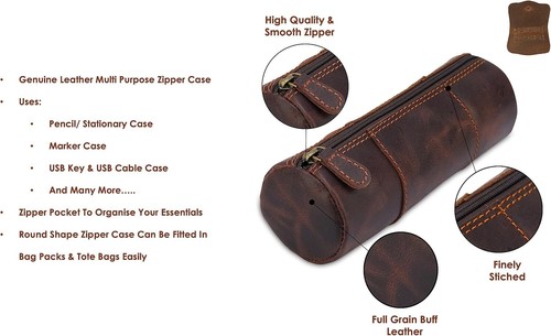 Leather Pencil Case, Makeup & Stationery Bag, Zipper Pouch for Daily Brown - Picture 7 of 9
