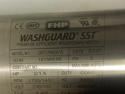 Leeson 191569.00 C6T17WC47A Washguard SST Motor 1.5 Hp 1750 Rpm 230/460V - Picture 6 of 9