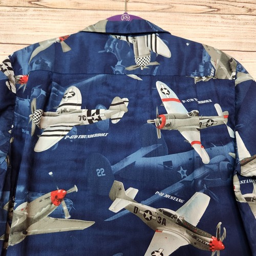 Vintage RJC Hawaiian Shirt Mens Medium Blue Fighter Jet Planes Button Down - Picture 11 of 14