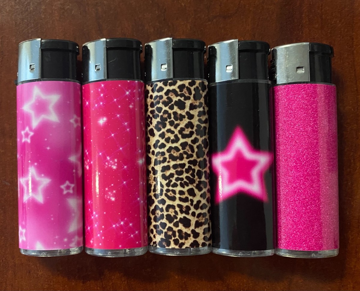 Pink Glam Y2k Leopard and Stars Lighters Set of 5 Electronic Pink Glam Y2k Leopard and Stars Lighters Set of 5 Electronic