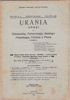 Urania, rivista, 1926, anno XV n. 1, astronomia, mineralogia, chimica, fisica