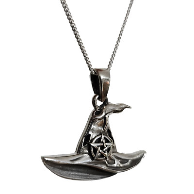 Hexenhut Pentakel Anhänger Halskette 925 Silber 18'' Kette Hexenschmuck & Box