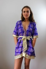 vintage purple gold silk robe with delicate yarn trim and side pockets