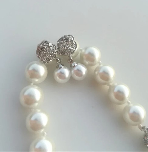 ORECCHINI GOCCIA PERLA BIANCA CON ROSA D'ARGENTO, ORECCHINI DA SPOSA CON ZIRCONI - Foto 3 di 13