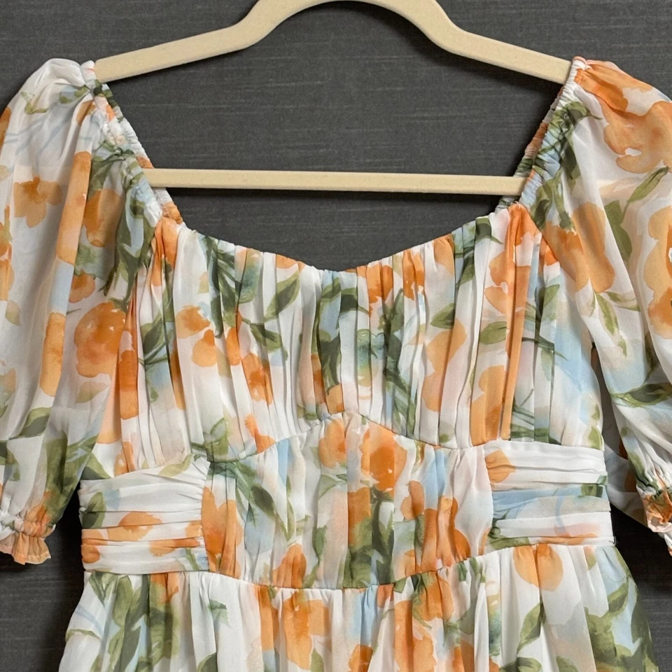 Abercrombie Fitch Dress XS Orange Green Floral Mini Puff Romantic Flowy Summer - Image 2 of 4