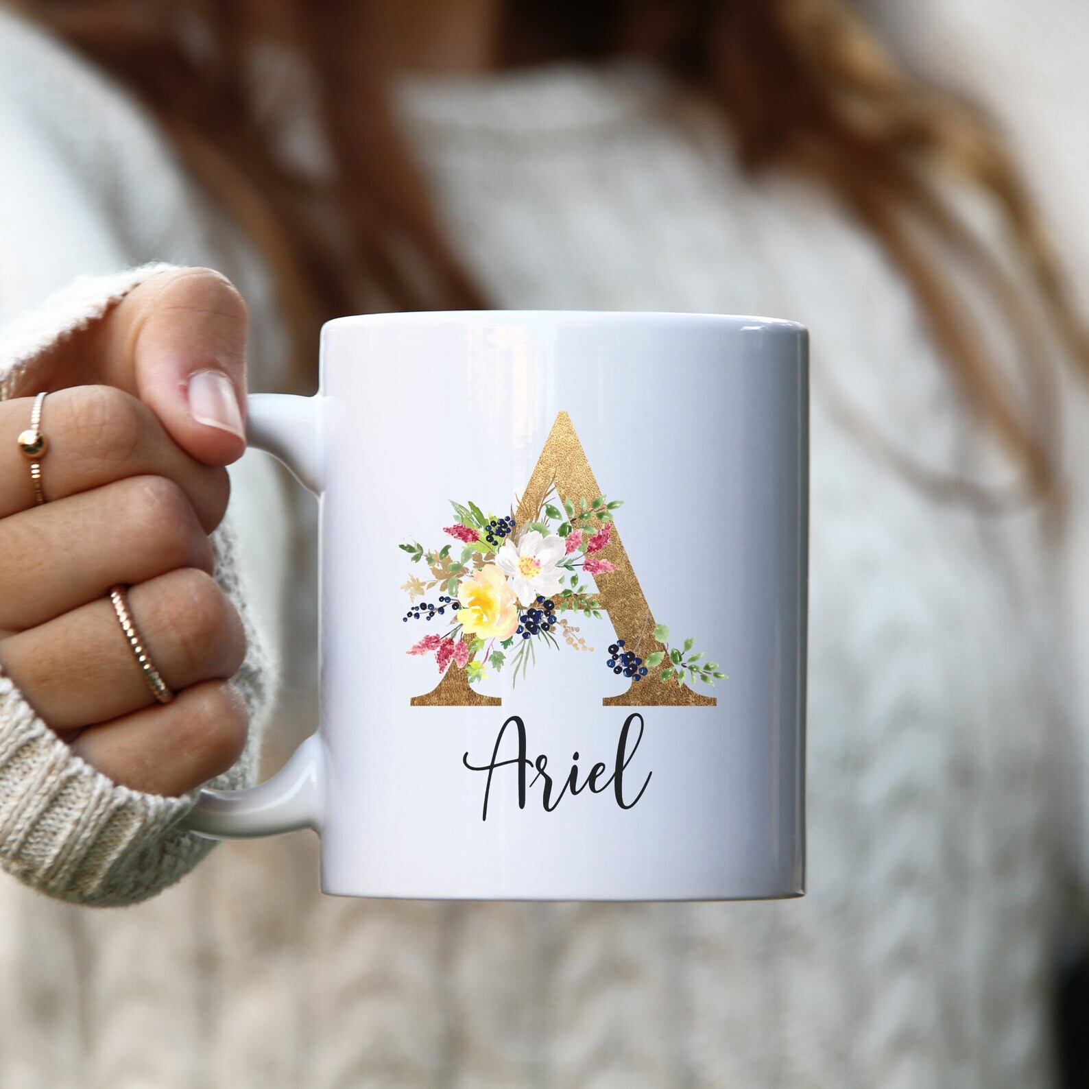 Personalized Coffee Mug Personalized Name Coffee Cup Initial Mug Gold Brown