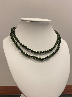 Double Strand Deep Intense Green Jade, Onyx, Gold Beaded Necklace, c1960's.