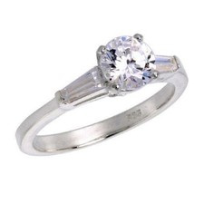 Sterling Silver Engagement Ring,6mm 1ct Brilliant Cut  Baguette Cut CZ Stones