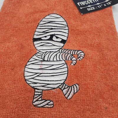 Vintage 1980s Halloween Mummy Hand Fingertip Towel Orange Terry Cloth 11'' x 18''