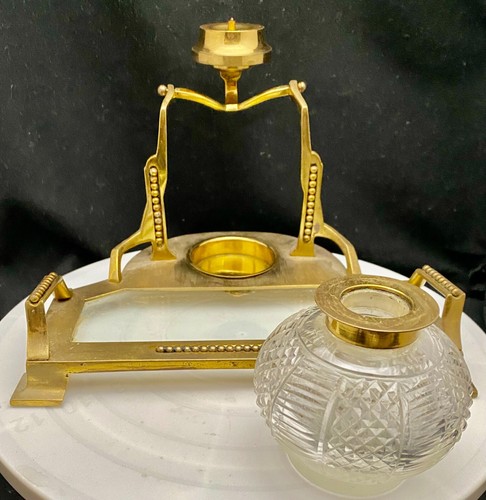 VTG BRASS & GLASS INKWELL INKSTAND, FACETED INK RESERVOIR, NEVER USED, c1900 vg - Picture 11 of 13