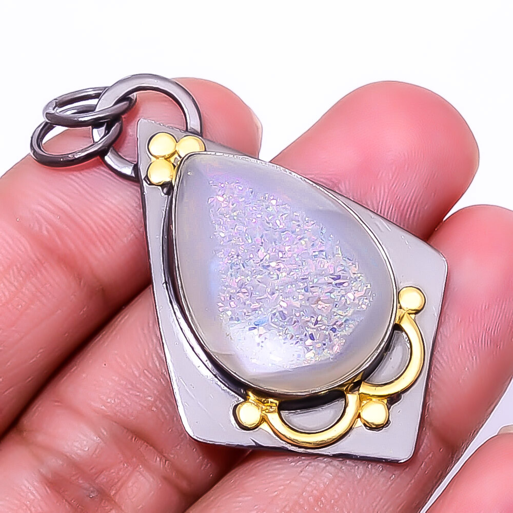 Snow White Titanium Agate Drusy Designer 925 Sterling Silver Pendant 1.95