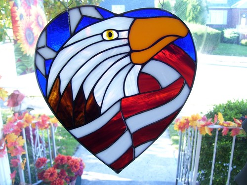 Stained Glass Eagle in a Heart (I Love America)Sun catcher (Real Glass) - Picture 2 of 7