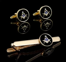 NEW IN BOX Free Mason Masonic Tie Clip Bar Cuff Link Set Gold Tone