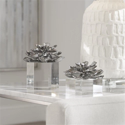 Uttermost Indian Lotus 2-Piece Crystal and Resin Sculpture Set in Silver - Picture 5 of 5