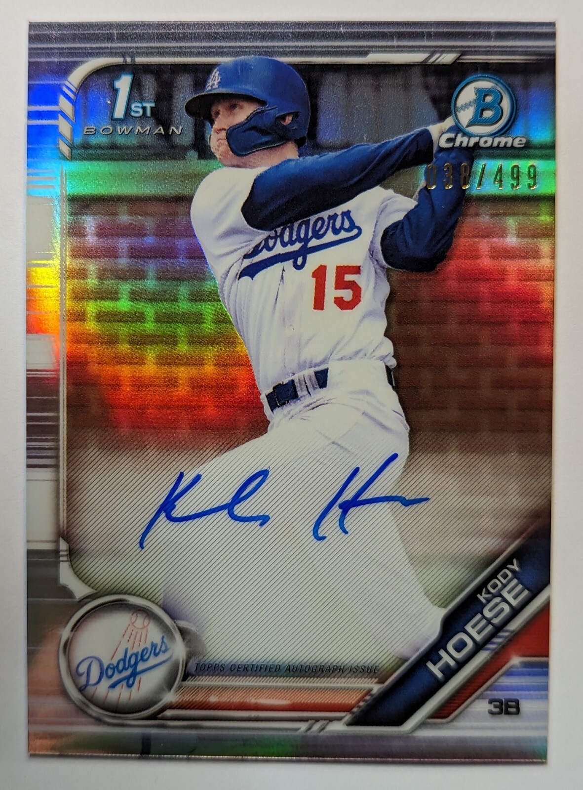 🔥 2019 Bowman Chrome 1st Draft KODY HOESE Refractor AUTO /499 Dodgers RC MINT🔥