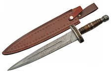 Dagger Damascus Steel Double Edge Blade Brass Wood Handle 19in Overall  Sheath