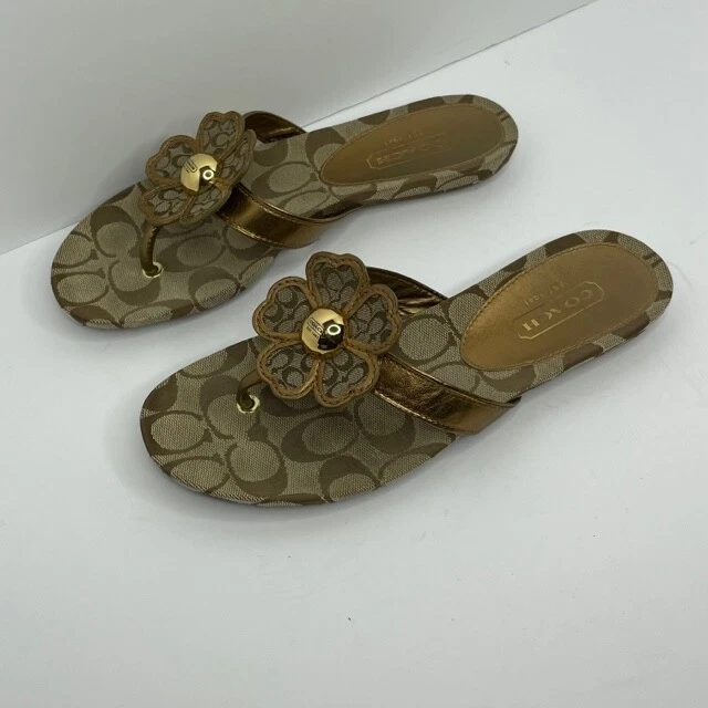 Coach Tan Bronze Sherrie Thong Metallic Flower Sandals Sz 7.5