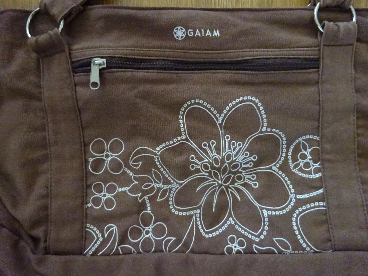 Gaiam Embroidered Flower Yoga Mat Bag Brown with Beige Interior